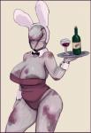 alcohol areola areola_slip beverage big_breasts border breasts bruised bunny_costume cleavage clothed clothing costume eyeless fake_ears fake_rabbit_ears featureless_face female huge_breasts lingerie mouthless not_furry platter purple_border solo teddy_(clothing) vein veiny_breasts veiny_skin waiter wine dogma konami silent_hill humanoid mammal monster monstrous_humanoid nurse_(silent_hill) hi_res