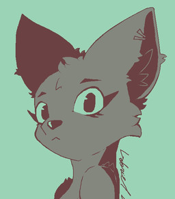 anthro cheek_tuft eyebrows eyelashes facial_tuft female head_tuft inner_ear_fluff simple_background solo tuft zoroark654 ambiguous_species aliasing digital_media_(artwork) green_and_grey hi_res monochrome portrait restricted_palette signature three-quarter_portrait