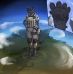 ammunition anthro barefoot black_body black_fur black_nose bulletproof_vest city_destruction clothing cloud destruction feet female foot_crush fur giga landscape landscape_dwarfing macro macro_anthro military_uniform sky solo standing tail uniform gygjar bad_2_bad bagheera_hook felid feline mammal hi_res