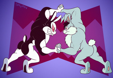 anthro black_body black_ears black_fur black_hair black_tail butt clenched_teeth duo eye_contact fangs frown fur grey_body grey_ears grey_fur hair half-closed_eyes hand_holding long_ears looking_at_another male multicolored_body multicolored_fur muscular muscular_anthro muscular_male narrowed_eyes pink_nose pink_sclera red_eyes scut_tail sharp_teeth short_tail side_view tail teeth text toony two_tone_body two_tone_fur two_tone_tail white_body white_fur white_nose white_tail gavanzude bunnicula_(series) bunnicula lagomorph leporid mammal rabbit vampire 2024 artist_name digital_media_(artwork) hi_res