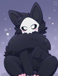 :3 anthro bite black_body black_ears black_fur black_hair black_inner_ear blush cheek_tuft chest_tuft cute_fangs daww facial_tuft fangs featureless_crotch fur hair looking_at_viewer male monotone_body monotone_fur monotone_hair pawpads paws pink_pawpads simple_background solo tail tail_bite tail_in_mouth teeth tuft fleurfurr changed_(video_game) puro_(changed) canid canine canis goo_creature mammal 2023 hi_res watermark