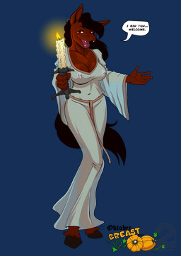 anthro breasts brown_body brown_fur brown_hair clothing dialogue fangs female fluffy fluffy_tail fur genitals hair holding_object nipples open_mouth open_smile red_eyes smile solo speech_bubble tail teeth text tongue translucent translucent_clothing vulva yawg equid equine horse mammal vampire alpha_channel english_text hi_res