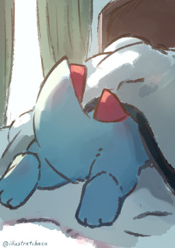 ambiguous_gender anthro bed bedding blanket blue_body butt curtains furniture hiding lying on_bed on_front solo tail under_blanket chaco_(illustrattyako) nintendo pokemon crocodilian generation_2_pokemon pokemon_(species) reptile scalie totodile 2025 absurd_res hi_res signature