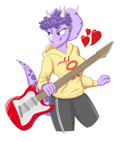 anthro band_merch clothed clothing electric_guitar facial_horn female freckles grin guitar hair heart_symbol hoodie horn markings musical_instrument plucked_string_instrument purple_body purple_eyes purple_hair simple_background smile solo string_instrument topwear white_background unknown_artist cavemanon_studios goodbye_volcano_high groundbreaking ko_op_(game_developer) snoot_game trish_(gvh) ceratopsian ceratopsid chasmosaurine dinosaur marginocephalian ornithischian prehistoric_species reptile scalie triceratops