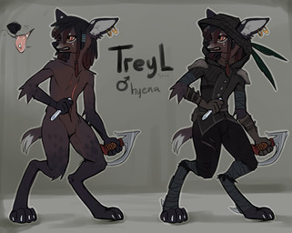 4_toes 5_fingers anthro biped black_hair black_lips black_nose brown_eyes clothed clothing digitigrade dreadlocks ear_piercing featureless_crotch feet fingers fur grey_body grey_fur hair holding_object holding_weapon lips male nude off/on piercing scar simple_background solo standing teeth toes weapon hioshiru hyena mammal spotted_hyena 2016 model_sheet