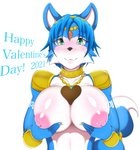 anthro big_breasts blue_body blue_fur blush breasts chocolate_heart female fur heart_symbol holidays looking_at_viewer nipples solo text white_body white_fur kemojin nintendo star_fox valentine's_day krystal_(star_fox) canid canine fox mammal english_text hi_res