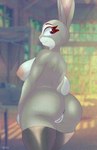 2024 anthro black_clothing black_legwear black_stockings breasts butt clothing digital_media_(artwork) disney female fur genitals hi_res judy_hopps lagomorph legwear leporid looking_back mammal multicolored_body multicolored_fur nehmkey nipples nude pussy rabbit rear_view scut_tail short_tail signature solo stockings tail zootopia