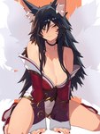 big_breasts black_hair breasts clothing collarbone eyebrows eyelashes facial_markings female footwear hair head_markings inner_ear_fluff kneeling markings multi_tail solo tail tuft white_tail yellow_eyes distrbeachboy league_of_legends riot_games tencent ahri_(lol) animal_humanoid canid canid_humanoid canine canine_humanoid fox_humanoid humanoid mammal mammal_humanoid hi_res