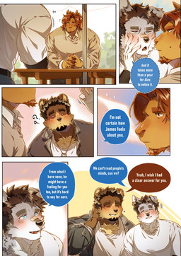 anthro arm_warmers armwear bandage bandage_on_face bandage_on_nose black_arm_warmers black_armwear black_clothing black_hair blue_clothing blue_eyes blue_jacket blue_speech_bubble blue_topwear blush brown_body brown_eyes brown_fur brown_hair brown_speech_bubble button_ears chest_tuft claws clothing collared_shirt denim denim_clothing denim_jacket denim_topwear dialogue dog_tags dotted_line eyes_closed facial_hair finger_claws fingerless_(marking) floppy_ears fur goatee grey_body grey_fur group hair jacket long_hair male multicolored_body multicolored_fur neckwear outside plant question_mark shirt sitting_at_table smile tan_clothing tan_sweater tan_topwear text topwear tree trio tuft two_tone_body two_tone_fur umbrella whispering white_body white_clothing white_fur white_shirt white_topwear booboo34 alexei_zoloto dave_volkov theo_anderson bear brown_bear canid canine canis equid equine horse mammal ursine wolf 2025 absurd_res comic english_text hi_res thai_text