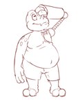 2022 2_toes 3_fingers amphibian anth0nybvnrab anthro biped bottomwear brown_and_white clothed clothing cybernetic_arm cybernetic_limb doug_the_frog feet fingers frog hand_on_head hi_res male monochrome navel overweight overweight_anthro overweight_male shorts simple_background sketch smile solo standing toes topless white_background