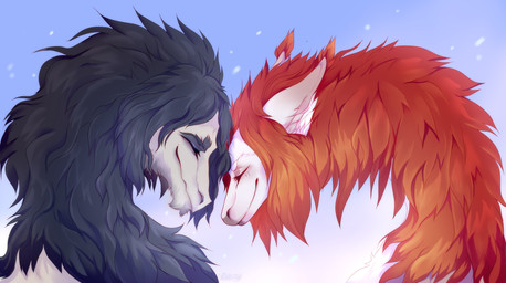 black_body black_fur cheek_tuft chin_tuft duo eyes_closed facial_tuft female feral fur grey_body grey_fur male mouth_closed red_body red_fur side_view simple_background tuft unsigned santanahoffman mythology dragon furred_dragon furred_scalie mythological_creature mythological_scalie scalie hi_res