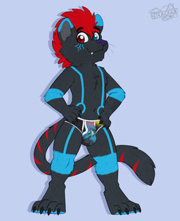 anthro barefoot black_body black_fur blue_body blue_eyes blue_fur briefs briefs_only bulge claws clothed clothing detailed_bulge feet fur grey_background hair hands_on_hips heterochromia looking_at_viewer male markings misspelling pokemon_briefs pokemon_clothing pokemon_underwear print_briefs print_clothing print_underwear purple_nose red_body red_eyes red_fur red_hair red_text shadow simple_background smile solo striped_markings stripes teeth_showing text topless underwear underwear_only whiskers white_seam_briefs gaokun nintendo pokemon underoos dokifur domestic_cat felid feline felis generation_4_pokemon lucario mammal pokemon_(species) absurd_res english_text hi_res