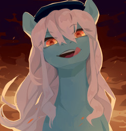 blue_body blue_clothing blue_hat blue_headwear blue_sclera clothing female feral hair hat headgear headwear licking licking_lips licking_own_lips long_hair open_mouth orange_eyes pink_tongue pupils red_pupils self_lick simple_background solo tongue tongue_out unsigned white_hair corzh77 hasbro my_little_pony equid equine horse mammal pony absurd_res bust_portrait hi_res portrait