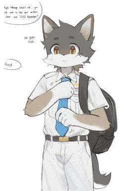 5_fingers accessory adolescent anthro arm_tuft backpack belt blue_necktie bodily_fluids bottomwear clothing collared_shirt dialogue dress_shirt elbow_tuft facial_scar facial_tuft fingers fur grey_body grey_fur grey_inner_ear male necktie offscreen_character scar school_uniform shirt solo speech_bubble sweat sweatdrop tail tan_body tan_eyes tan_fur text topwear tuft uniform white_back white_body white_bottomwear white_clothing white_fur white_topwear young laggy_(artist) kyle_(laggy) canid canine canis coyote mammal 2025 2:3 absurd_res english_text hi_res portrait three-quarter_portrait