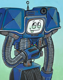ambiguous_gender antenna_wire blue_background blue_body cathode_ray_tube gradient_background green_background gun gun_arm machine metallic_body new_vegas not_furry ranged_weapon rust screen screen_face simple_background smile solo submachine_gun text tire weapon weapon_arm wheel hun9rybug fallout microsoft yes_man_(fallout) robot securitron_(fallout) absurd_res english_description english_text hi_res