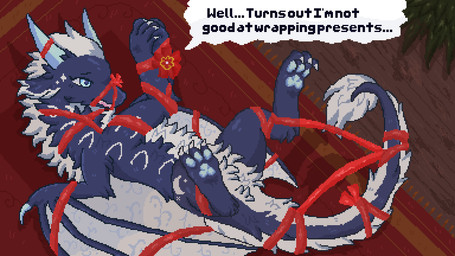 blue_body blue_eyes blue_fur blue_paws bound carpet female fur holidays inside lying on_back paws plant speech_bubble text white_body white_fur wings ryukiri christmas mythology dragon mythological_creature mythological_scalie scalie english_text