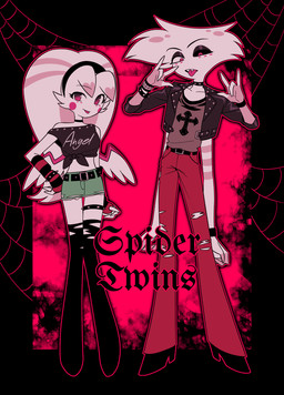 4_arms alternative_fashion choker clothed clothing collar duo female goth jewelry male multi_arm multi_limb necklace spiked_collar spikes text enaic31 hazbin_hotel hellaverse angel_dust molly_(hazbin_hotel) angel arachnid arthropod demon humanoid spider absurd_res english_text hi_res brother_(lore) brother_and_sister_(lore) sibling_(lore) sister_(lore)