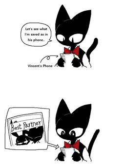 anthro biped black_body black_fur black_tail bodily_fluids bow_tie clothing dialogue electronics eyes_closed female fur holding_object holding_phone mouthless phone photo scar simple_background solo speech_bubble sweat tail text topwear white_background sabgong vincent_(sabgong) vingo_(sabgong) domestic_cat felid feline felis mammal 3:4
