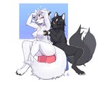 anthro arm_tuft bathing black_body black_fur black_hair black_tail blue_chair blush blush_lines bubble chair duo ears_back elbow_tuft female female/female fingers_in_hair fluffy fluffy_tail fur furniture hair hand_on_head naturally_censored nipple_tuft on_chair paws pivoted_ears red_chair simple_background sitting sitting_on_chair soap soapy tail tail_motion tailwag tuft washing_partner water water_drop wet wet_body wet_fur white_background white_body white_fur white_hair white_tail lc79510455 kay_rox say_(lightspirit) canid canine canis mammal wolf 2023 hi_res