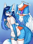 anthro blue_body clothing collar cyberpunk femboy genitals hair long_hair maid_cafe maid_uniform male penis penis_poking_out penis_through_leghole phylalix uniform waiter nisaku femboy_hooters canid canine fox mammal absurd_res hi_res