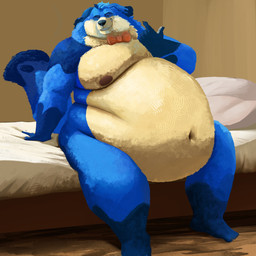 5_toes anthro beckoning bed belly belly_overhang big_belly black_toe_claws blue_body blue_fur bow_tie bow_tie_only chubby_face claws creases feet fur furniture gesture gesturing_at_viewer head_tuft looking_at_viewer love_handles male moobs mostly_nude multicolored_body multicolored_fur navel neck_tuft nude obese obese_anthro obese_male on_bed overweight overweight_anthro overweight_male pillow red_bow_tie sitting sitting_on_bed smile smiling_at_viewer smirk smirking_at_viewer solo tail tan_body tan_fur toe_claws toes tuft two_tone_body two_tone_fur feedtheboss bluebow_(character) canid canine canis domestic_dog mammal 1:1 hi_res