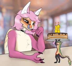 anthro birthday blue_eyes cake claws dessert duo fangs female fluffy fluffy_tail food fur hair horn imminent_vore male micro nude open_mouth predator/prey simple_background size_difference smile tail teeth tongue tongue_out vore white_body white_fur wings yellow_body yellow_fur superplus ark_survival_(series) mythology kustrin canid canine dragon fennec_fox fox hybrid mammal managarmr mythological_creature mythological_scalie scalie true_fox absurd_res digital_media_(artwork) hi_res