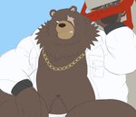 anthro belly big_belly black_nose brown_body clothed clothing humanoid_hands kemono male open_clothing open_shirt open_topwear overweight overweight_male scar shirt solo topwear underwear nisikemo mihoyo zenless_zone_zero ben_bigger bear mammal 2022 absurd_res hi_res unfinished