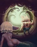 animal_humanoid anthro bedding blanket bottomwear butt clothing duo feet female forastero fungus hair hi_res humanoid league_of_legends male muscular muscular_male mushroom pants plant riot_games teemo_(lol) tencent tree tristana_(lol) white_hair yordle