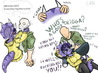 angry anthro asphyxiation bald big_breasts biped bite biting_lip black_bottomwear black_clothing black_pants bloodshot_eyes bottomwear breasts clothed clothed_anthro clothed_female clothed_human clothed_male clothing dialogue duo fantasy_slur female fingers green_clothing green_jacket green_shirt green_topwear hair headpat heart_symbol hoodie human_on_anthro humanoid_hands interspecies jacket looking_at_another male neck_grab non-mammal_breasts pants profanity purple_body purple_eyes purple_hair racism shirt short_hair simple_background speciesism strangling tail tail_motion tailwag talking_to_another text thought_bubble topwear white_background yellow_clothing yellow_hoodie yellow_topwear caldinie1 cavemanon_studios goodbye_volcano_high ko_op_(game_developer) snoot_game anon_(snoot_game) trish_(gvh) ceratopsian ceratopsid chasmosaurine dinosaur human mammal marginocephalian ornithischian prehistoric_species reptile scalie triceratops 2024 4:3 artist_name colored english_text hi_res sequence