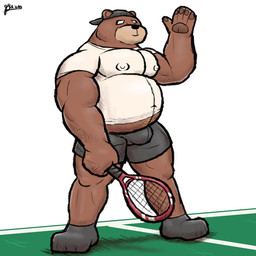 anthro barazoku belly biped brown_body brown_fur bulge clothed clothing exercise fur male musclegut muscular muscular_male nipple_outline overweight overweight_male raised_hand solo sport sportswear tennis tennis_court tennis_racket tight_clothing alanottaviano bear brown_bear grizzly_bear mammal ursine 1:1 digital_media_(artwork) full-length_portrait hi_res portrait