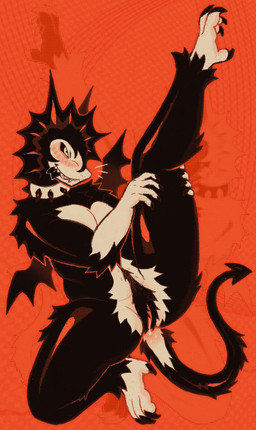 abstract_background anthro barefoot black_body black_claws black_fur black_sclera black_spikes black_tail black_wings blush bodily_fluids breasts claws cleavage clothed clothing collar collar_only dripping feet female female_anthro forked_tongue fur genital_fluids genitals glistening glistening_body grin humanoid_genitalia humanoid_vulva latex_body nude nude_anthro nude_female raised_leg sharp_teeth smile solo spade_tail spiked_collar spikes tail teeth tongue vaginal_fluid_drip vaginal_fluids vulva white_body white_eyes white_fur wings spinelessfill3t mythology dragon mythological_creature mythological_scalie scalie 2026 full-length_portrait hi_res portrait