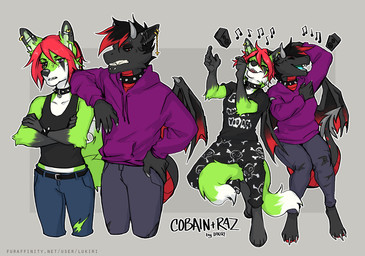 4_toes 5_fingers anthro barefoot belt black_body black_hair black_nose black_scales bottomwear clothed clothing collar dancing denim denim_bottomwear denim_clothing duo ear_piercing ear_ring feet female fingers fur green_body green_fur grey_background hair hoodie jacket jeans male multi_tail musical_note musical_symbol open_mouth pajamas pants piercing red_body red_hair red_scales ring_piercing scales shirt simple_background speaker spiked_collar spikes symbol tail tank_top teeth toes tongue topwear reilukah mythology canid canine dragon fox mammal mythological_creature mythological_scalie scalie 2019 digital_media_(artwork)