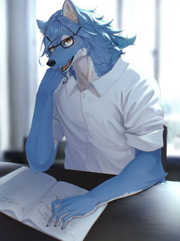 accessory blue_body blue_fur clothing collared_shirt dress_shirt eyewear femboy fur glasses hair hair_accessory hairclip long_hair looking_at_viewer male notebook ponytail school shirt smile solo topwear white_clothing white_shirt white_topwear ama_imakuma canid canine canis mammal wolf hi_res