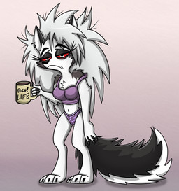anthro beverage breasts clothing coffee coffee_mug female fur grawlixes grey_body grey_fur navel panties red_sclera solo text text_on_mug tired tired_eyes topwear underwear waking_up whit_fur white_eyes shinragod hellaverse helluva_boss mythology loona_(helluva_boss) canid canid_demon canine demon hellhound mammal mythological_canine mythological_creature 2026 digital_media_(artwork) english_text hi_res