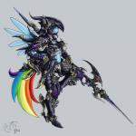 1:1 2014 anthro anthrofied armor blackmorass blue_body blue_feathers blue_fur convincing_weapon crossover dragoon dragoon_(final_fantasy) equid equine feathered_wings feathers female final_fantasy final_fantasy_xiv friendship_is_magic fur grey_background hasbro hi_res holding_object holding_weapon mammal my_little_pony mythological_creature mythological_equine mythology pegasus rainbow_dash_(mlp) simple_background solo square_enix weapon wings