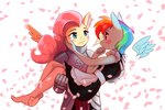 anthro anthrofied armor blue_body blush bridal_carry carrying_another clothing duo female female/female hair knight legwear maid_uniform multicolored_hair pink_hair rainbow_hair stockings uniform warrior wings yellow_body mrscroup friendship_is_magic hasbro my_little_pony mythology fluttershy_(mlp) rainbow_dash_(mlp) equid equine mammal mythological_creature mythological_equine pegasus hi_res