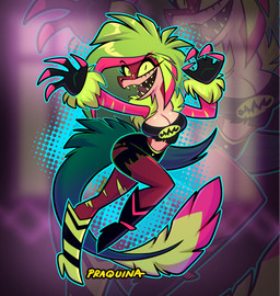 4_fingers anthro big_breasts boots breasts cleavage clothed clothed_anthro clothed_female clothing countershading crop_top feathers female fingers footwear green_hair green_sclera green_teeth hair high_heeled_boots high_heels highlights_(coloring) midriff open_mouth pink_body pink_countershading pink_highlights pink_sleeves pose red_body shirt shoes solo tail tail_feathers teeth text topwear praquina hazbin_hotel hellaverse zeezi_(hazbin_hotel) demon dinosaur prehistoric_species reptile scalie 2025 absurd_res artist_name digital_media_(artwork) hi_res