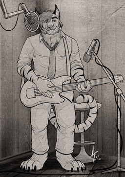 anthro barefoot bass_guitar bottomwear cheek_tuft claws closed_smile clothed clothing electronics facial_tuft feet finger_claws front_view guitar hair inside jewelry male male_anthro markings microphone microphone_stand mouth_closed musical_instrument necklace pants playing_guitar playing_music plucked_string_instrument shirt short_hair smile solo standing string_instrument striped_arms striped_markings striped_tail stripes tail tail_markings topwear tuft hufnaar felid mammal pantherine tiger 2020 absurd_res dated full-length_portrait hi_res monochrome portrait