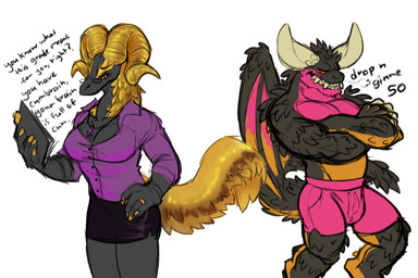anthro athletic_wear big_breasts big_horn black_body bottomwear breasts cleavage clothed clothing curved_horn duo eyewear female glasses gold_(metal) gym_bottomwear gym_shorts horn male muscular muscular_anthro muscular_male overbite ring shorts skirt spiked_tail spikes spikes_(anatomy) tail fetishame capcom monster_hunter mythology dragon elder_dragon kulve_taroth mythological_creature mythological_scalie nergigante scalie 3:2 hi_res