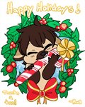 5_fingers anthro black_nose bodily_fluids bow_(feature) brown_body brown_fur brown_hair candy candy_cane chibi christmas_wreath cowlick dessert eating eyes_closed facial_markings fingers food fur gloves_(marking) hair head_markings holding_food holding_object holidays male markings muzzle_(marking) saliva short_hair simple_background snout snout_markings snowflake solo teeth text white_background bunnybb christmas matthew_(articwuff) canid canine canis mammal wolf 4:5 english_text hi_res signature