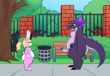 annoyed anthro antlers balls belly bench big_butt black_body black_claws blonde_hair butt cheek_tuft claws comparing comparing_penis curved_horn duo eyes_closed facial_tuft fence fur genitals hair hands_on_hips horn humanoid_genitalia humanoid_penis long_ears male male/male micropenis moobs multicolored_body outside park_bench penis pink_body pink_fur plant ponytail public public_nudity purple_horn purple_spikes scut_tail short_tail shrub sidewalk size_difference slightly_chubby small_balls small_penis smug spiked_tail spikes spikes_(anatomy) tail trash_can tree tuft vein white_body white_fur meowny mythology hazel_(hazlnutt) kain_(hazlnutt) dragon furred_dragon furred_scalie jackalope lagomorph mammal mythological_creature mythological_scalie scalie hi_res