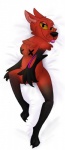 anthro biped breasts brown_body brown_fur convenient_censorship crossgender dakimakura female fur green_eyes hand_on_pussy inner_ear_fluff looking_at_viewer lying mtf_crossgender nipple_tape nude pasties simple_background solo tape tuft youtuber grumpyfart pyrocynical canid canine fox mammal dakimakura_design