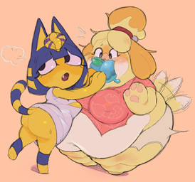 air_inflation anthro belly belly_expansion blimp_fruit_(super_mario_galaxy_2) blush bodily_fluids body_inflation bottomless butt butt_expansion clothed clothing duo expansion female female/female flying_sweatdrops food force_feeding forced fruit hair inflation lipstick makeup messy_hair nervous open_mouth plant power-up simple_background spherical_inflation sweat sweatdrop swelling tail tail_motion tailwag yellow_body pearkidart animal_crossing mario_bros nintendo super_mario_galaxy ankha_(animal_crossing) isabelle_(animal_crossing) canid canine canis domestic_cat domestic_dog felid feline felis mammal shih_tzu toy_dog 2025 colored guide_lines hi_res