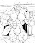 5_fingers anthro big_bulge boxers_(clothing) bulge clothed clothing fangs fingers fist flexing hair huge_bulge huge_muscle looking_at_viewer male muscular muscular_male overly_muscular ponytail smile solo teeth underwear underwear_only vein veiny_muscles walking fierglief eralo_sinret canid canine canis mammal wolf 2018 absurd_res hi_res monochrome