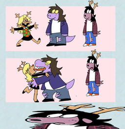 anthro black_hair blonde_hair blush blush_lines brown_body brown_fur brown_hair clothing female freckled_face freckles fur group hair horn kissing licking_tongue purple_body shirt topwear trio white_clothing white_shirt white_topwear cchilab deltarune undertale_(series) dess_holiday noelle_holiday susie_(deltarune) deer mammal new_world_deer reindeer 2025 absurd_res comic hi_res