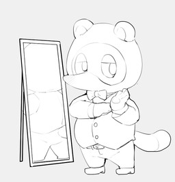 anthro bottomwear bow_tie chibi clothing kemono male mirror pants shirt simple_background solo topwear masshiro animal_crossing nintendo tom_nook_(animal_crossing) canid canine mammal raccoon_dog tanuki 2021 digital_drawing_(artwork) digital_media_(artwork) monochrome