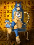 anthro blue_eyes blue_hair clothing crossed_legs egyptian egyptian_clothing feet female foot_focus hair markings pawpads ring_(marking) ringed_tail sitting solo striped_markings striped_tail stripes tail tail_markings uraeus usekh unknown_artist animal_crossing nintendo ankha_(animal_crossing) domestic_cat felid feline felis mammal hi_res