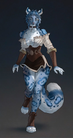 4_toes 5_fingers anthro armor athletic athletic_female blue_body blue_eyes blue_fur blue_hair blue_spots boots chest_tuft choker claws clothed clothing corset countershade_face countershade_fur countershade_torso countershading feet female female_anthro fingers footwear fur grey_body grey_fur grey_hair hair jewelry leopard_spots lingerie markings necklace raised_foot shirt shoes simple_background solo spots spotted_body tail toeless_boots toeless_footwear toes topwear tuft underbust_corset vambrace white_body white_claws white_fur kartobes microsoft the_elder_scrolls m'ria_(maks_hunt) felid khajiit mammal pantherine snow_leopard 2026 absurd_res digital_drawing_(artwork) digital_media_(artwork) full-length_portrait hi_res portrait story_at_source