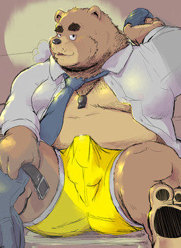 anthro balls_outline belly biped bodily_fluids brown_body brown_fur bulge clothed clothing cute_fangs detailed_bulge erection fangs fur genital_fluids genital_outline humanoid_hands male male_anthro open_clothing open_shirt open_topwear overweight overweight_anthro overweight_male penis_outline plantigrade precum precum_through_clothing precum_through_underwear shirt sitting solo teeth tenting topwear underwear wet wet_clothing wet_underwear tachiuo bear mammal 2015