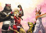 amber_eyes anthro blush clothing dress female green_eyes group hand_holding hat headgear headwear kemono kerchief male muscular pecs plant tail tree wood rpbbw amphibian bear deer felid frog mammal